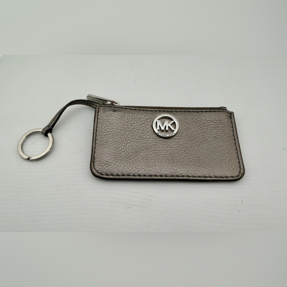 Michael Kors Fulton Coin Purse Pouch Keychain Pewter Metallic Leather
